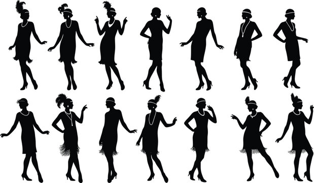 Elegant flapper girl silhouettes, vintage 1920s women fashion, retro dance poses, classic roaring twenties style, art deco party theme illustration