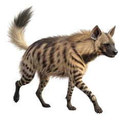 Obraz premium Stylized hyena with distinctive stripes and bushy tail, walking confidently. animal fur features mix of light and dark colors, showcasing its