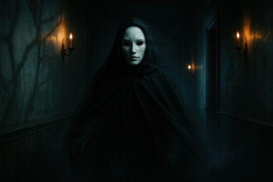 Hooded Figure with Cracked White Mask in Candlelit Haunted Corridor
