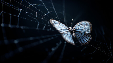 Butterfly Trapped in Spider Web on Dark Background