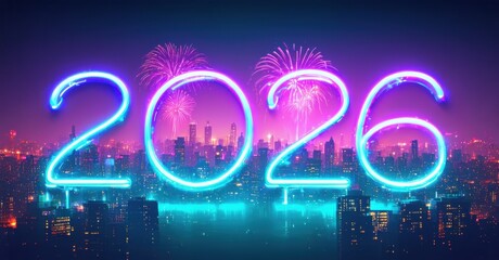 Neon digits 2026 dominate skyline. Fireworks illuminate city below, creating vibrant, futuristic scene. Bright colors present festive mood.