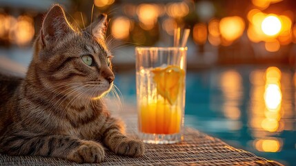 Cool cat lounging on pool float with drink concept. A serene cat enjoying a sunset by a refreshing drink.