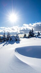 Sunlit snow-covered mountain landscape with a unique snow formation in the foreground and evergreen trees under a bright blue sky