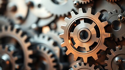 An abstract background of interlocking metallic mechanical gears, symbolizing business optimization.