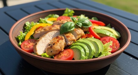 Savor a vibrant, healthy chicken salad bursting with fresh avocado, juicy tomatoes, crisp lettuce, and colorful bell peppers, perfectly grilled for ultimate flavor and nutrition.