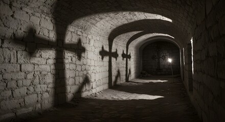 Fototapeta premium Sepia-toned ancient stone corridor with arched ceiling, dramatic shadows, and medieval ambiance