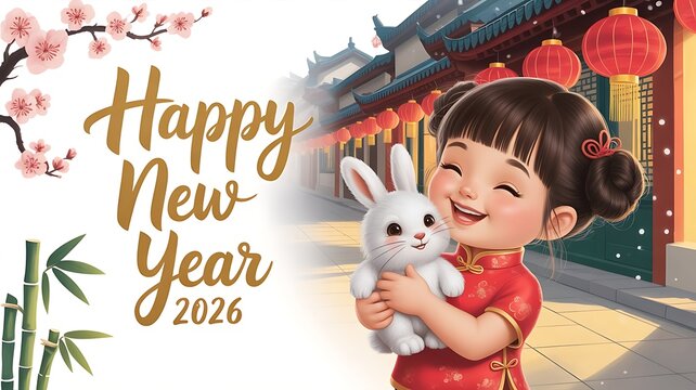 A girl in traditional chinese dress holding a rabbit for the year 2026