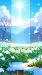 Sunlit spring meadow with snowdrops, mountains, and bare trees under a bright sun
