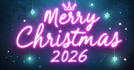 Bright pink neon sign displays Merry Christmas 2026. Snowflakes decorate dark blue background. Festive holiday greeting.
