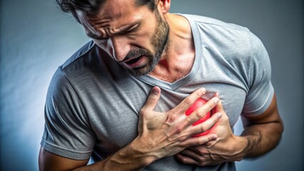 heart disease concept. man pressing on chest with painful expression. severe heartache and having heart attack or painful cramps.

