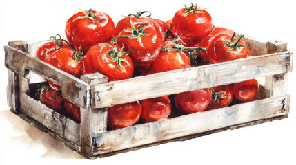 Vibrant Watercolor Painting of Organic Red Tomatoes With Green Stems in a Rustic Wooden Crate on White Background