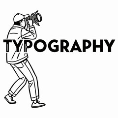 A person wearing a cap and jacket holds a spotlight illuminating the bold black word typography in a minimalist line art style against a white background