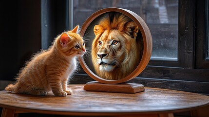 kitten looking at round mirror on table, male lion inside mirror,  