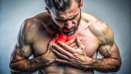 heart disease concept. man pressing on chest with painful expression. severe heartache and having heart attack or painful cramps.
