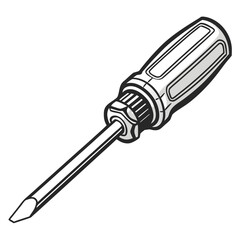 A simple line art illustration of a flathead screwdriver with a black handle and silver shaft on a white background