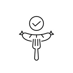 German sausage on fork and checkmark. Verified meal, safe delivery, order approved. Pixel perfect, editable stroke vector icon