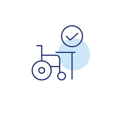 Wheelchair, work table and checkmark. Certified accessibility, inclusive workplace. Pixel perfect, editable stroke vector icon