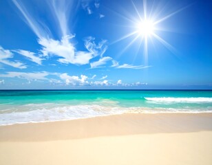 Sunny beach scene with turquoise water, gentle waves lapping on sandy shore, and bright sun