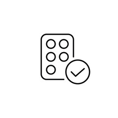 Blister of pills and checkmark. Medication approval and safety. Pixel perfect, editable stroke vector icon