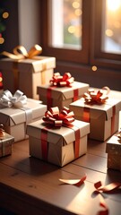 Sunlit wooden table displays numerous wrapped gifts with ribbons and bows, near a window