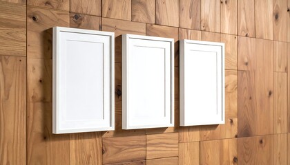 Three blank white frames on a wood wall