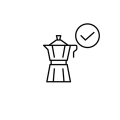 Moka pot and checkmark. Secure and safe brewing equipment. Pixel perfect, editable stroke vector icon