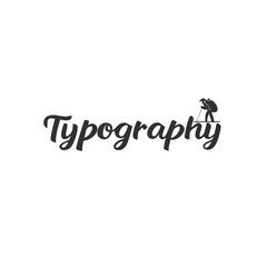 Creative typography logo design featuring the word typography in a stylish script font with a silhouette of a person skiing or hiking integrated into the letter y