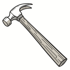 A classic claw hammer with a light wood grain handle and a silver metal head is depicted in a simple clean cartoon illustration against a white background