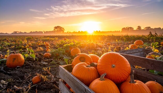 Autumn harvest scene—vibrant pumpkin patch at sunset with large orange pumpkin in wooden crate filled with straw, scattered pumpkins across field with green vines, golden light and colorful sky evoke 