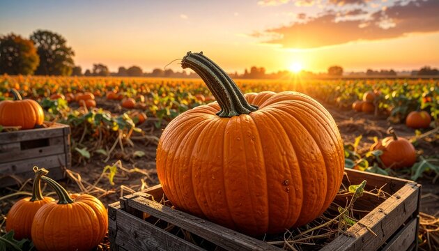 Autumn harvest scene—vibrant pumpkin patch at sunset with large orange pumpkin in wooden crate filled with straw, scattered pumpkins across field with green vines, golden light and colorful sky evoke 