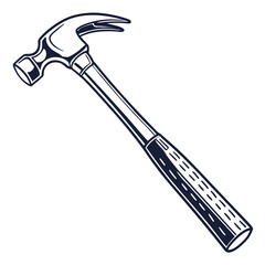 A classic claw hammer with a dark outline and white fill isolated on a white background representing construction and diy projects