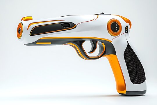 Futuristic sci fi pistol with white black and orange accents on a white background