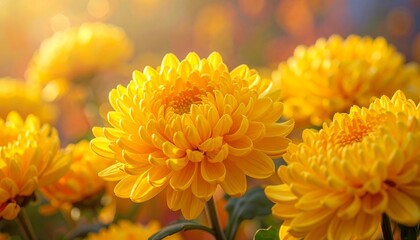 Fototapeta premium Close-up of vibrant yellow chrysanthemums in full bloom—densely packed petals glowing in warm sunlight, soft-focus background with hints of foliage and additional blossoms, evokes natural beauty, sere