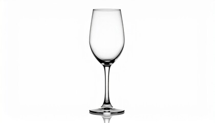 Minimalist product scene&mdash;clear empty wine glass with long stem and narrow bowl standing upright on reflective surface, plain light gray background enhances symmetry, clarity, and elegance, evokes refi