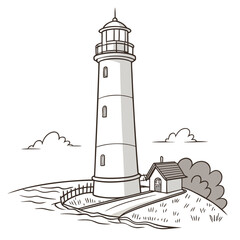 A charming hand drawn illustration of a tall white lighthouse standing on a grassy hill next to a small keeper s house and a wooden fence with stylized clouds in the sky