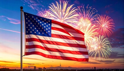 Waving U.S. flag at sunset—red, white, and blue colors vivid against orange-yellow sky, fireworks explode above silhouetted trees and hills, evokes patriotism, celebration, and unity during American h