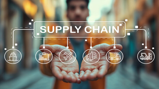Hands of a Young Man Holding Symbols of Supply Chain Management in a Street Setting, Representing Logistics and Global Trade Concepts