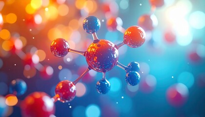 Stylized molecular structure—spherical atoms connected by bonds in chain-like formation, vibrant orange and blue gradient background with glowing particles, dynamic visual evokes chemistry, molecular 