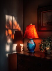 Elegant lamps illuminated by sunlight in a cozy interior