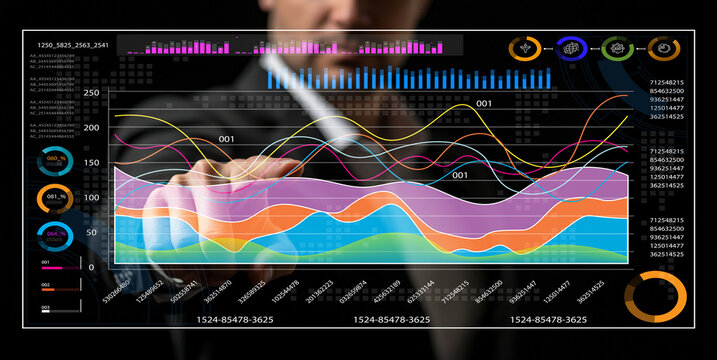 Professional Man Interacting with Futuristic Data Visualization Interface on Black Background with Colorful Graphs and Analytics Reports