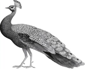 Elegant peacock illustration in black and white isolated on white background