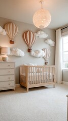 Elegant nursery decor with hot air balloons and crib soft beige tones