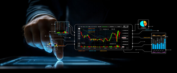 Digital Financial Analysis with Touchscreen Technology and Real-Time Data Visualization for Investment and Trading in a Dark Background Setting