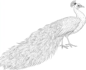 Elegant peacock illustration in detailed line art style on white background
