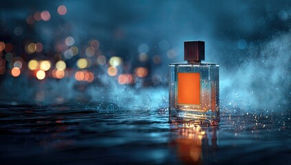 Elegant perfume bottle against blurred background with water effect