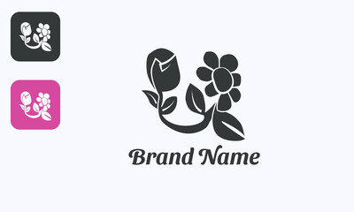 Blooming flower and bud abstract vector logo design, minimalist elegant black isolated on white background