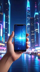 Person Holding Smartphone Reflecting a Blue Cityscape at Night with Skyscrapers and Neon Lights