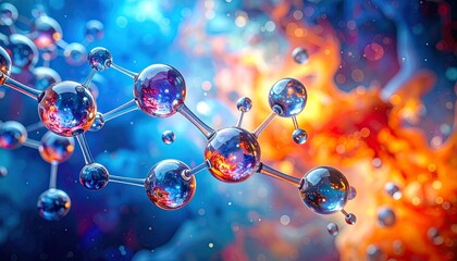 Stylized molecular structure—interconnected spheres representing atoms with rods as chemical bonds, vibrant blue and orange background suggests dynamic energy transfer or reaction, evoking scientific 