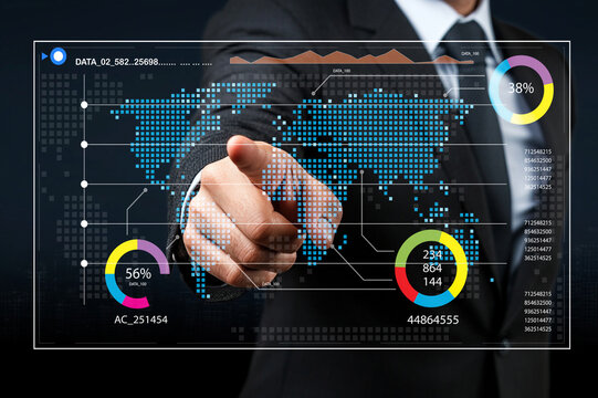 Businessman Presenting Digital World Map with Analytics Data and Graphical Elements in a Modern Business Environment