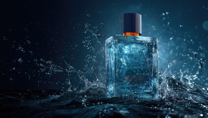 Elegant perfume bottle with blue liquid and water splash on dark background